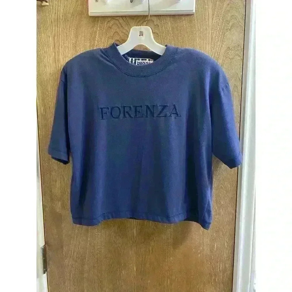 Vintage Forenza Embroidered Navy Blue Crop Top With Shoulder Pads Size Small